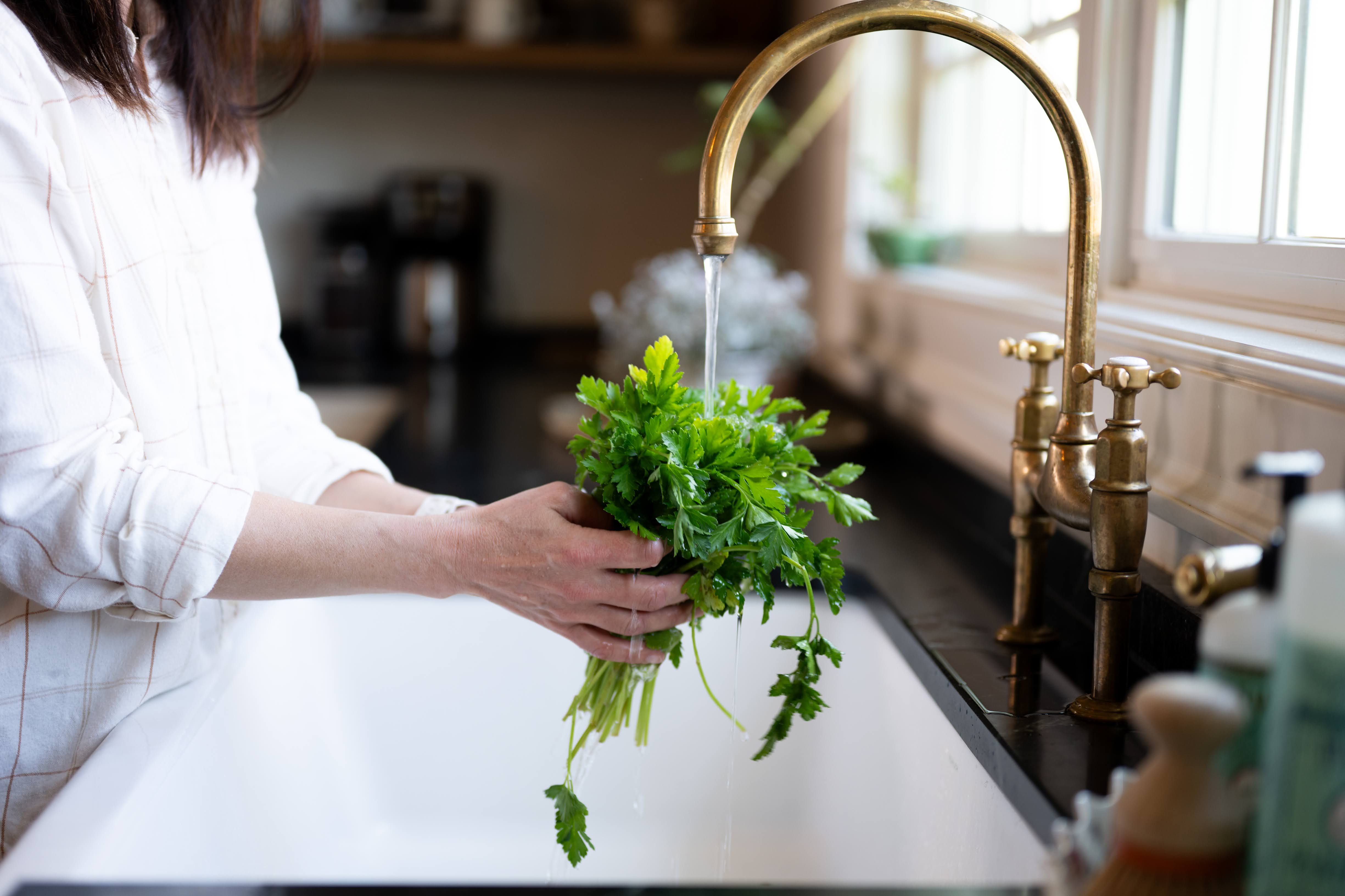 Woman's hands washing herbs in sink