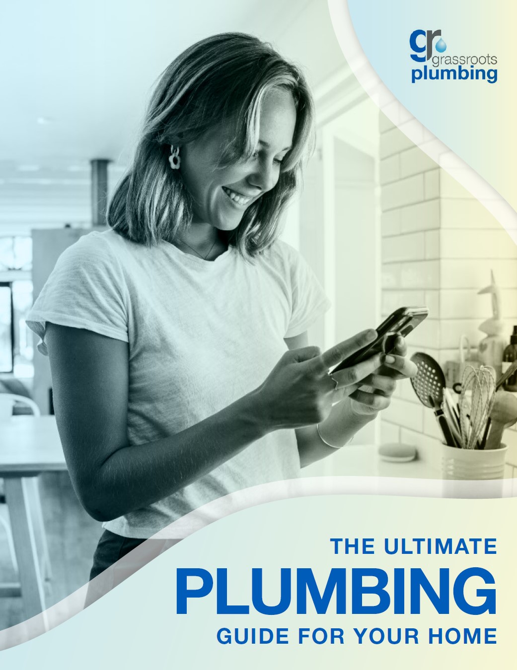 book cover with a woman smiling with phone with text saying the ultimate plumbing guide