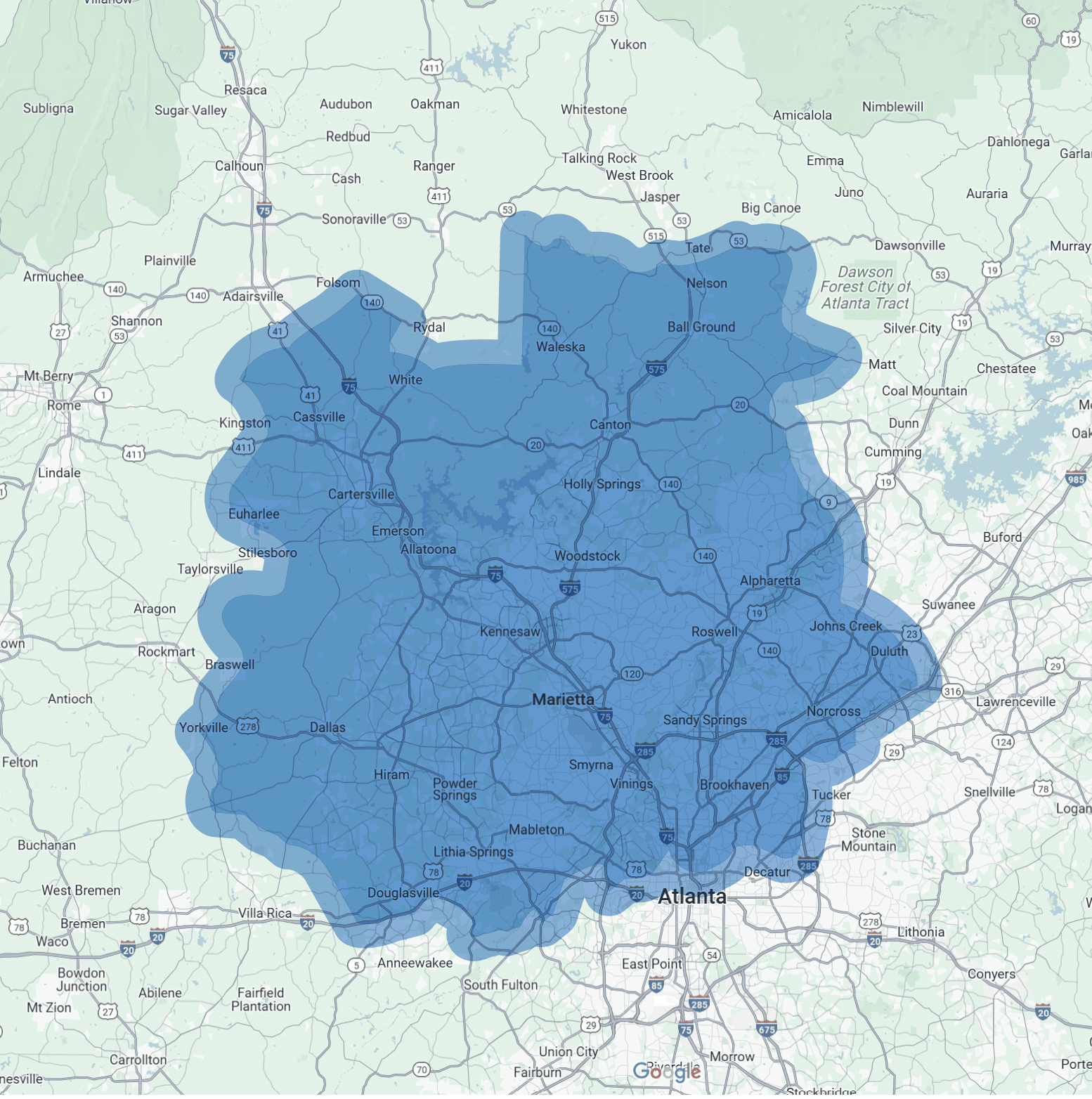map of service area outside north west atlanta